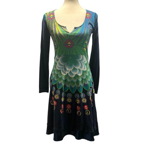 Desigual Dresses & Skirts - Desigual Blue Print Cotton Blend Long Sleeve Split Neck Boho Dress Women Medium